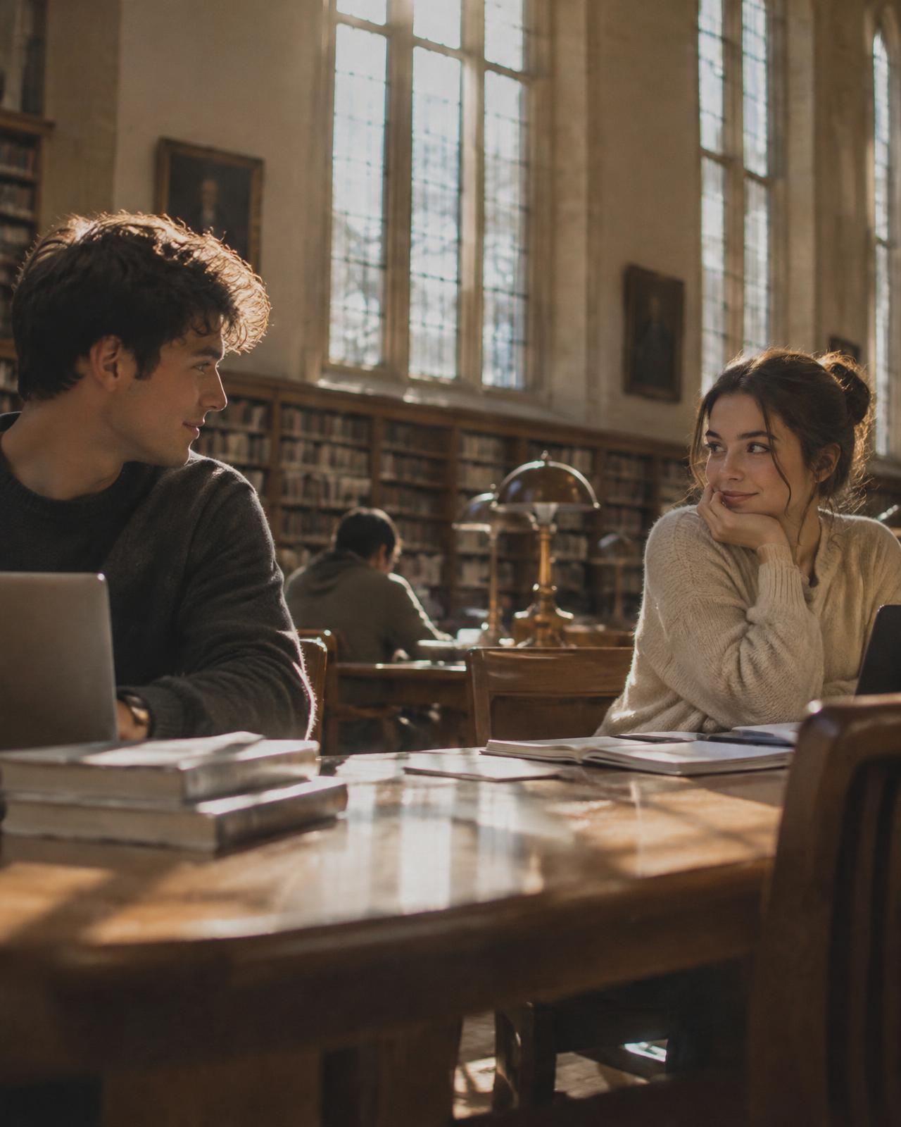 Two students noticing each other across a sunlit campus library
