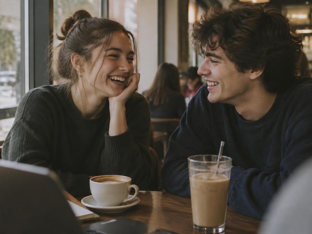 Two students laughing together at a campus coffee shop