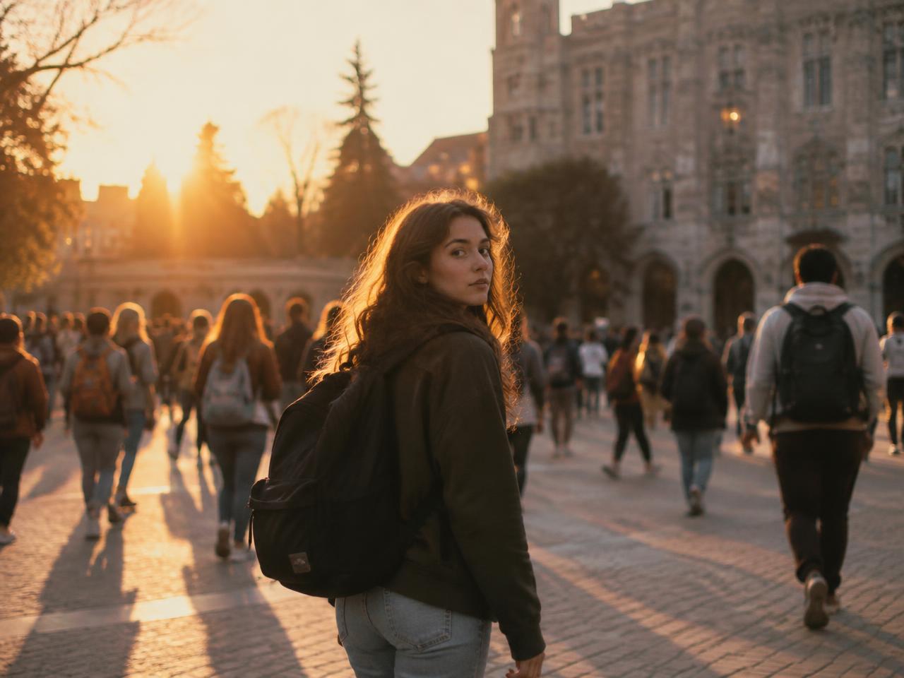 A student looking back across a busy campus quad at golden hour